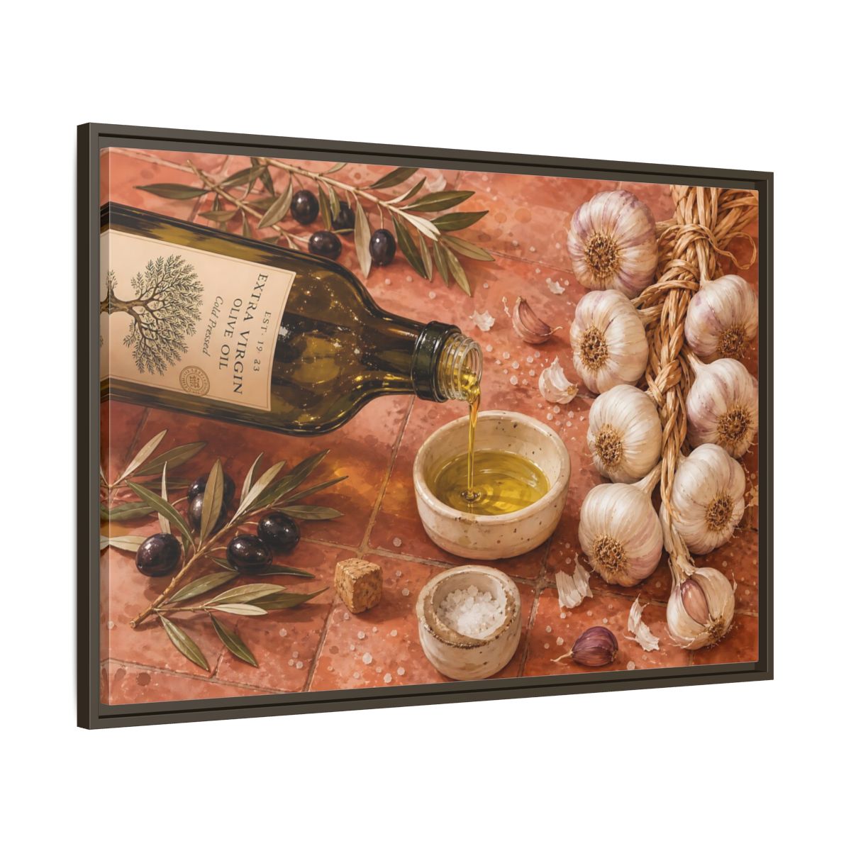Main Mockup. Nature Olive Oil Mediterranean Kitchen shown as stretched canvas wall art