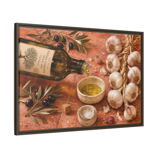 Main Mockup. Nature Olive Oil Mediterranean Kitchen shown as stretched canvas wall art