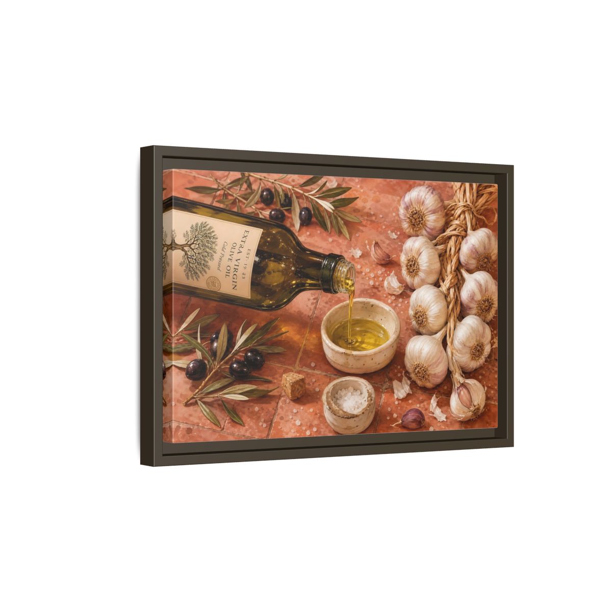 Side Mockup 5. Nature Olive Oil Mediterranean Kitchen shown as stretched canvas wall art