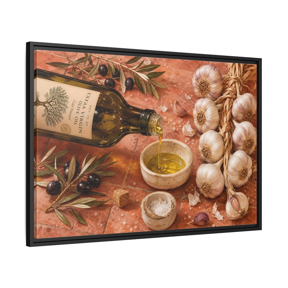Side Mockup 13. Nature Olive Oil Mediterranean Kitchen shown as stretched canvas wall art