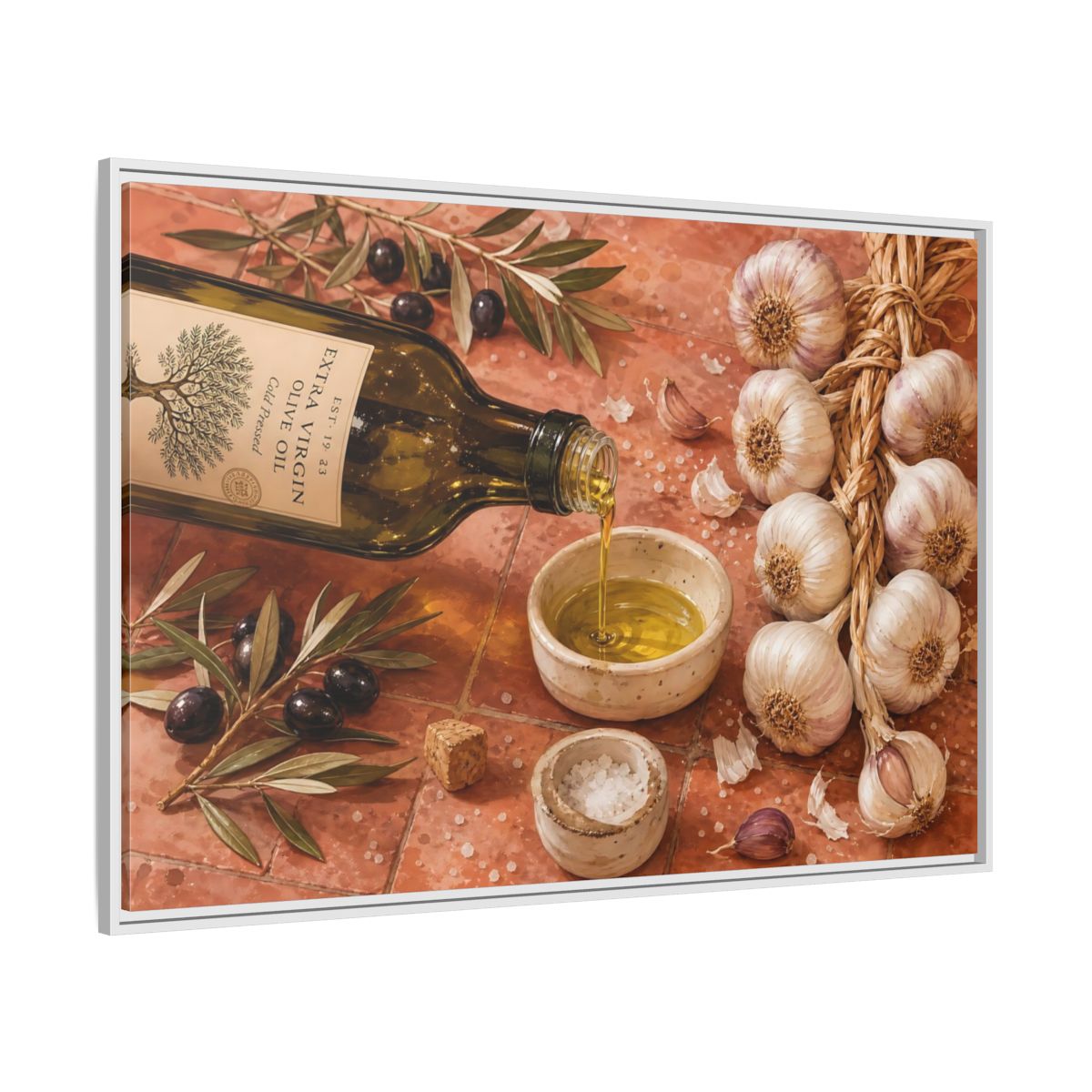 Side Mockup 7. Nature Olive Oil Mediterranean Kitchen shown as stretched canvas wall art