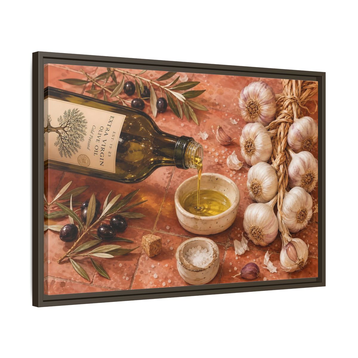 Side Mockup 11. Nature Olive Oil Mediterranean Kitchen shown as stretched canvas wall art