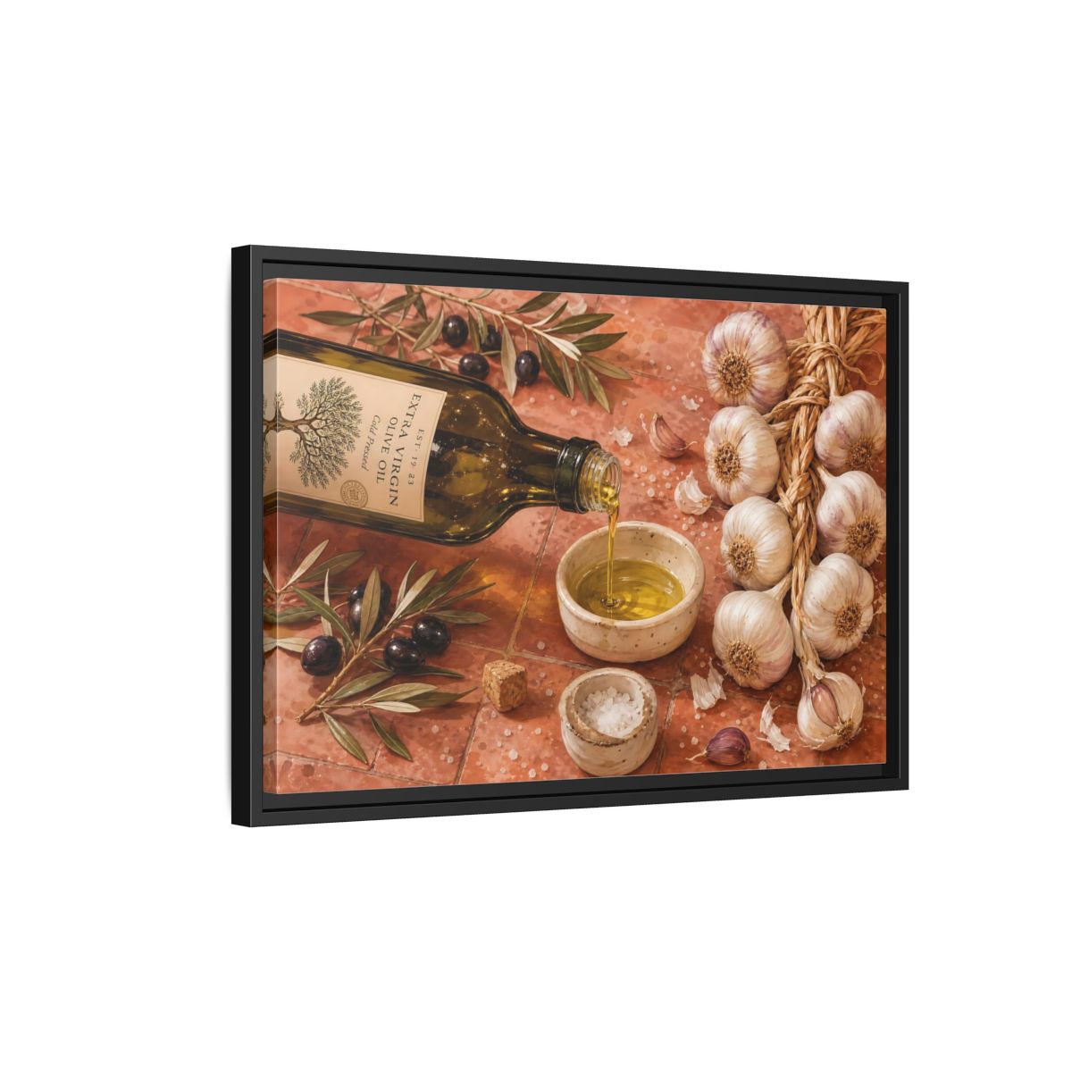 Side Mockup 3. Nature Olive Oil Mediterranean Kitchen shown as stretched canvas wall art