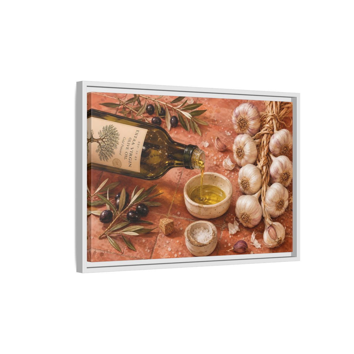Side Mockup 1. Nature Olive Oil Mediterranean Kitchen shown as stretched canvas wall art