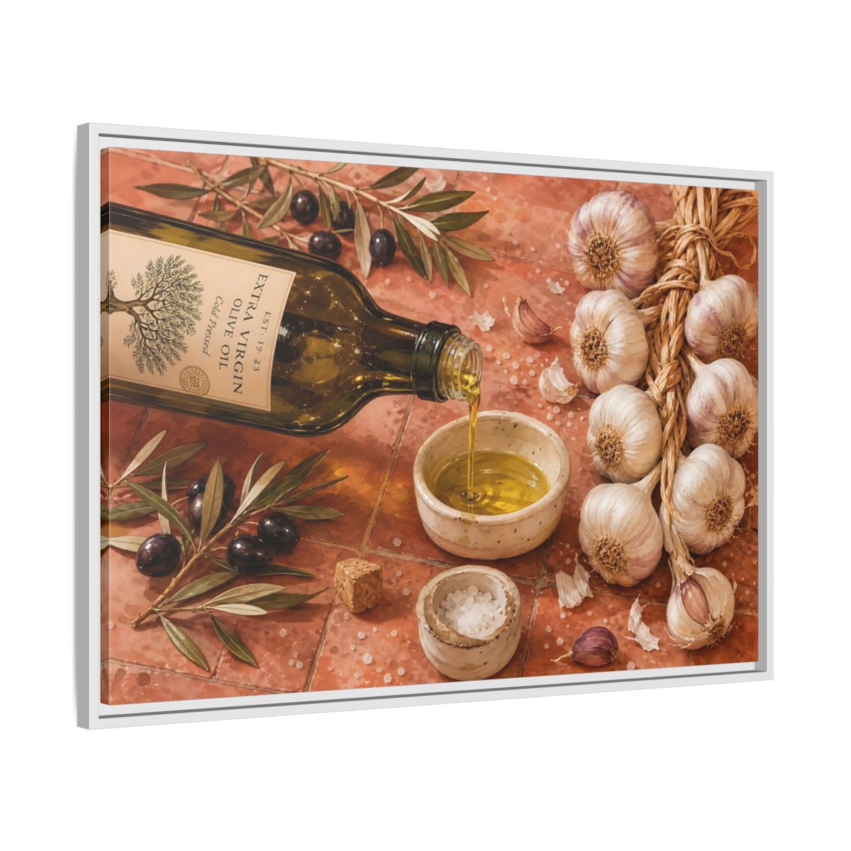 Side Mockup 9. Nature Olive Oil Mediterranean Kitchen shown as stretched canvas wall art