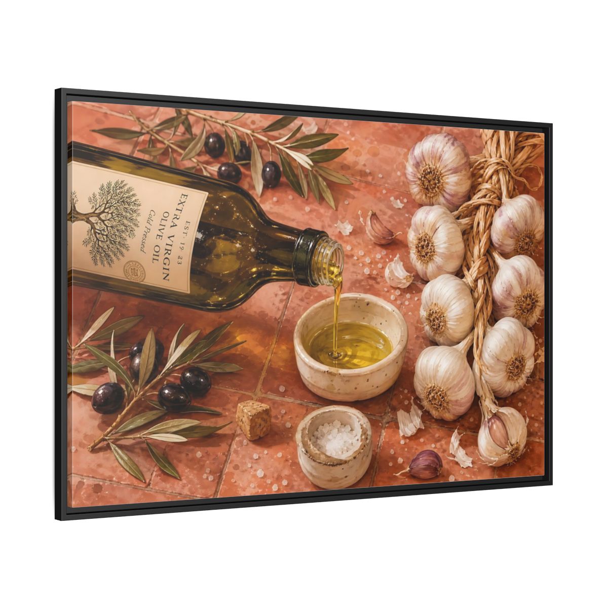 Side Mockup 12. Nature Olive Oil Mediterranean Kitchen shown as stretched canvas wall art