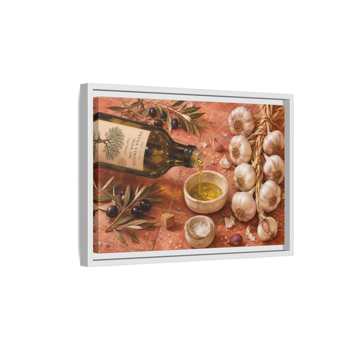 Side Mockup 4. Nature Olive Oil Mediterranean Kitchen shown as stretched canvas wall art