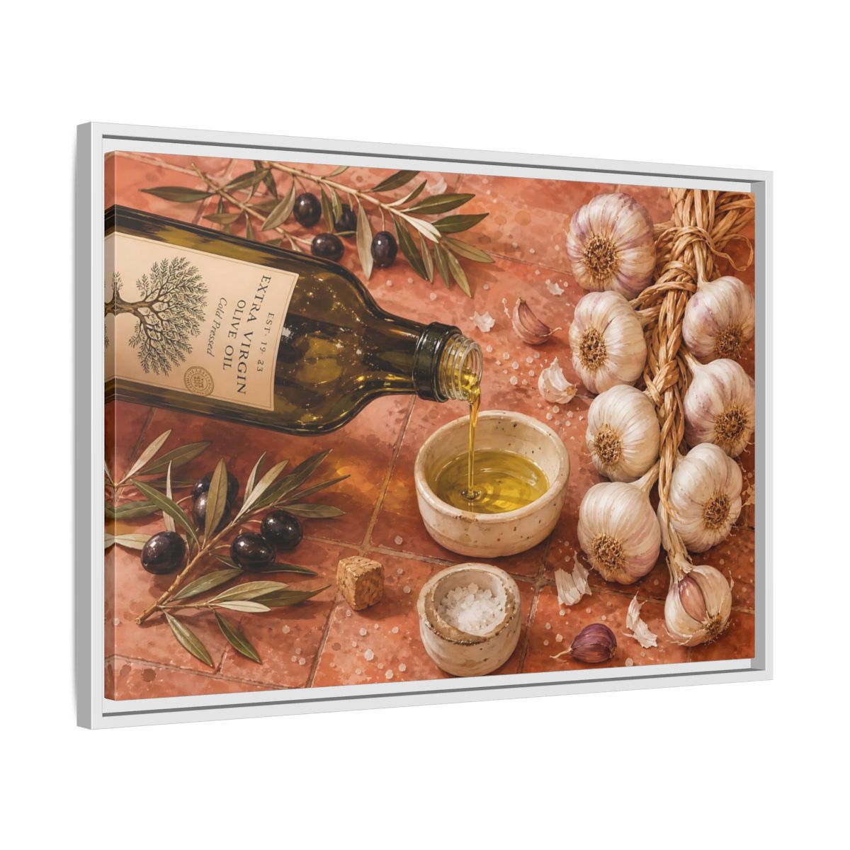 Side Mockup 10. Nature Olive Oil Mediterranean Kitchen shown as stretched canvas wall art