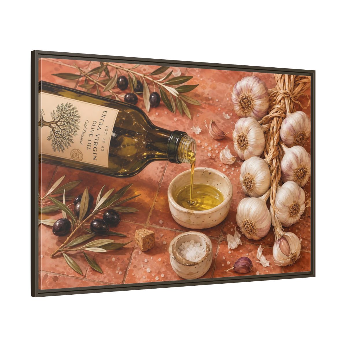 Side Mockup 8. Nature Olive Oil Mediterranean Kitchen shown as stretched canvas wall art