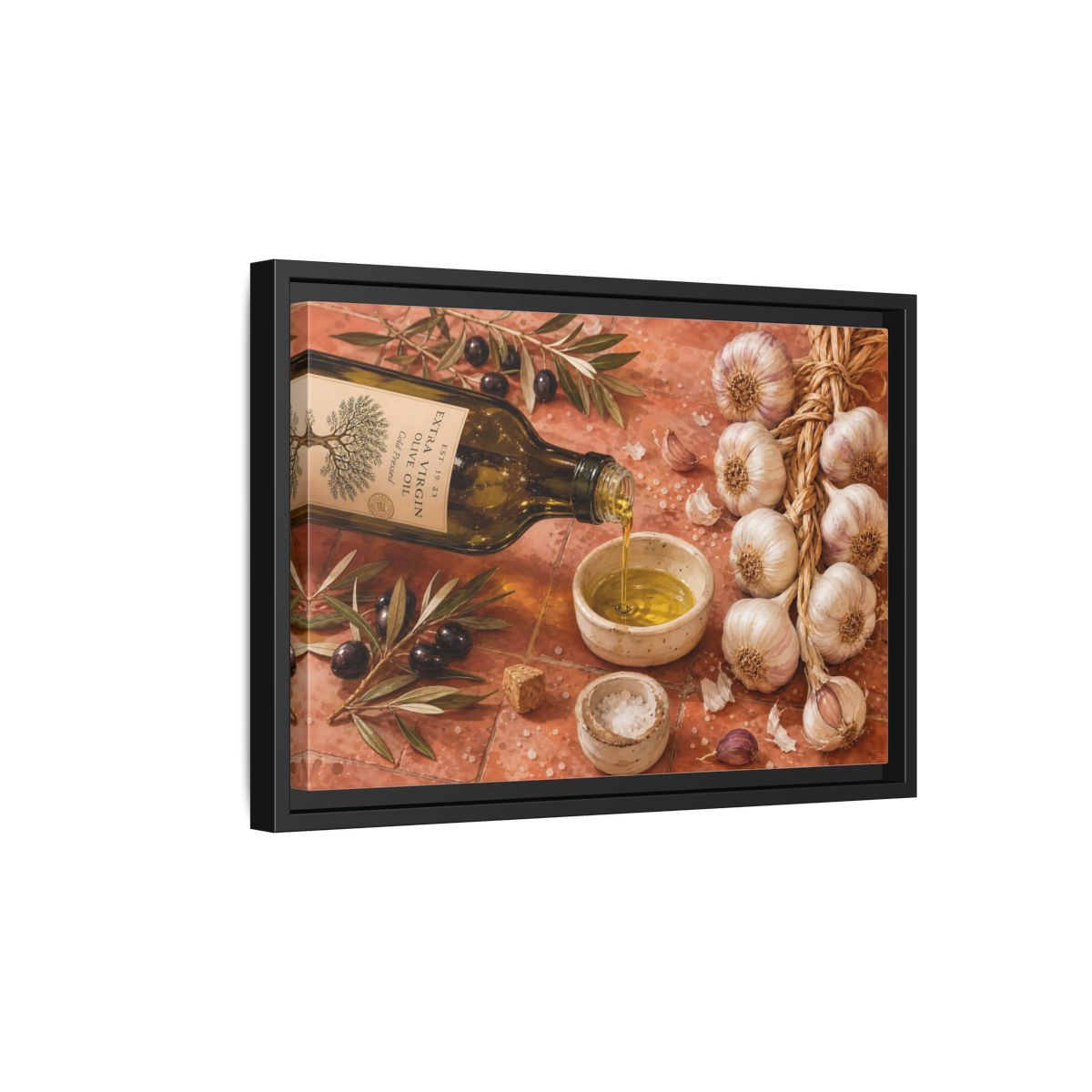 Side Mockup 6. Nature Olive Oil Mediterranean Kitchen shown as stretched canvas wall art