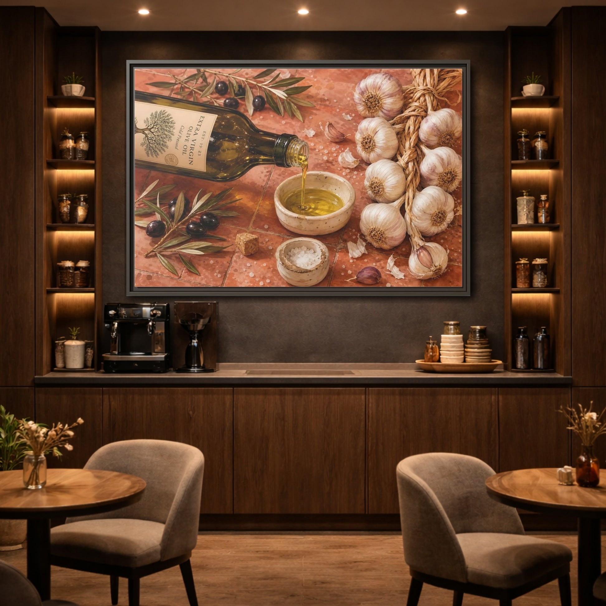 Mockup 2. Nature Olive Oil Mediterranean Kitchen shown as stretched canvas wall art