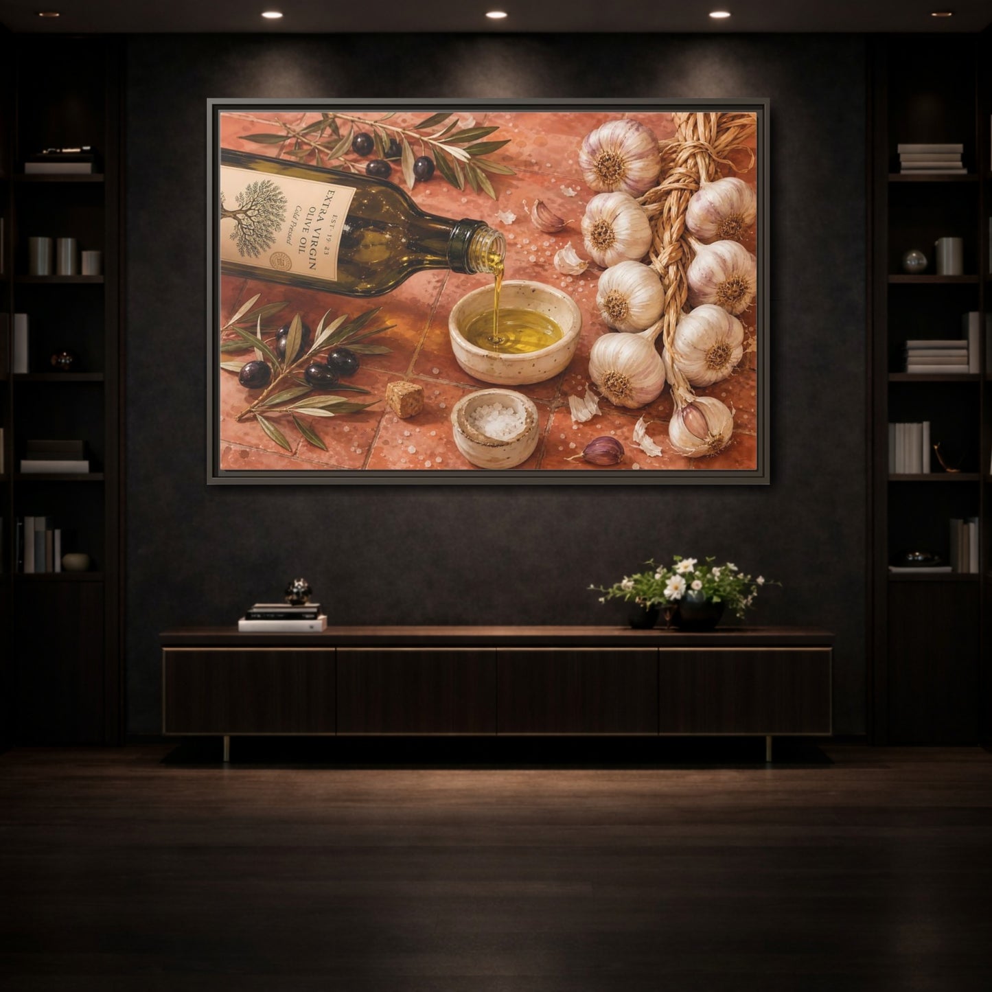 Mockup 3. Nature Olive Oil Mediterranean Kitchen shown as stretched canvas wall art