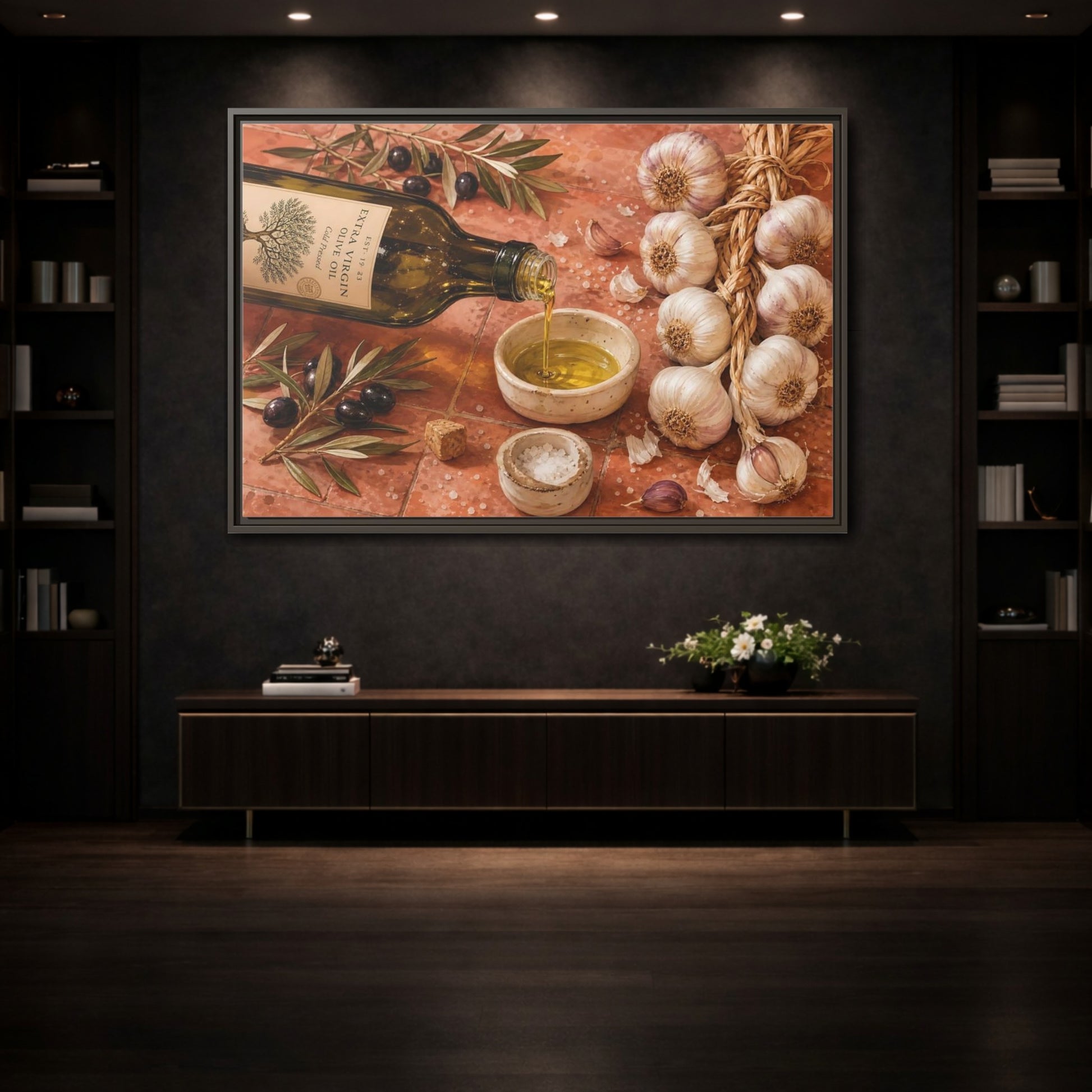 Mockup 3. Nature Olive Oil Mediterranean Kitchen shown as stretched canvas wall art