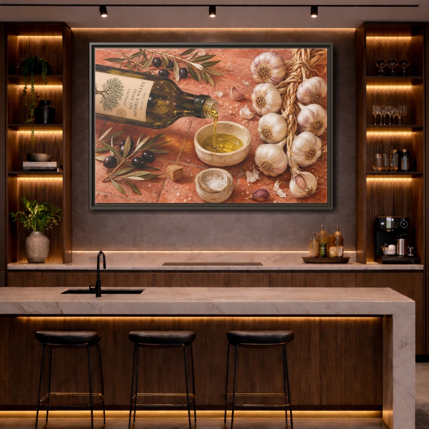 Mockup 4. Nature Olive Oil Mediterranean Kitchen shown as stretched canvas wall art