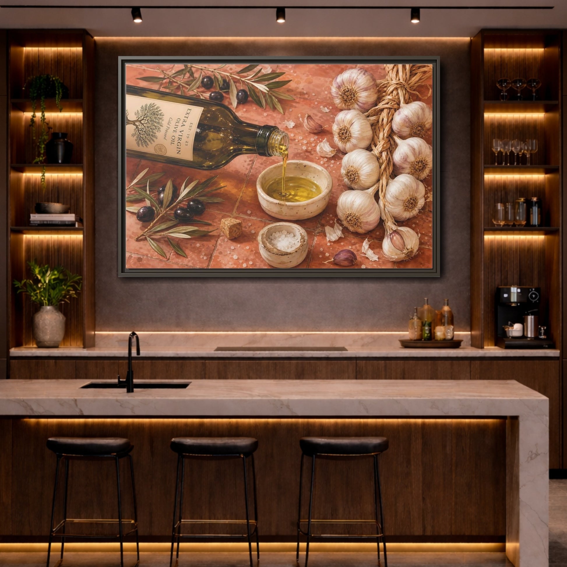 Mockup 4. Nature Olive Oil Mediterranean Kitchen shown as stretched canvas wall art