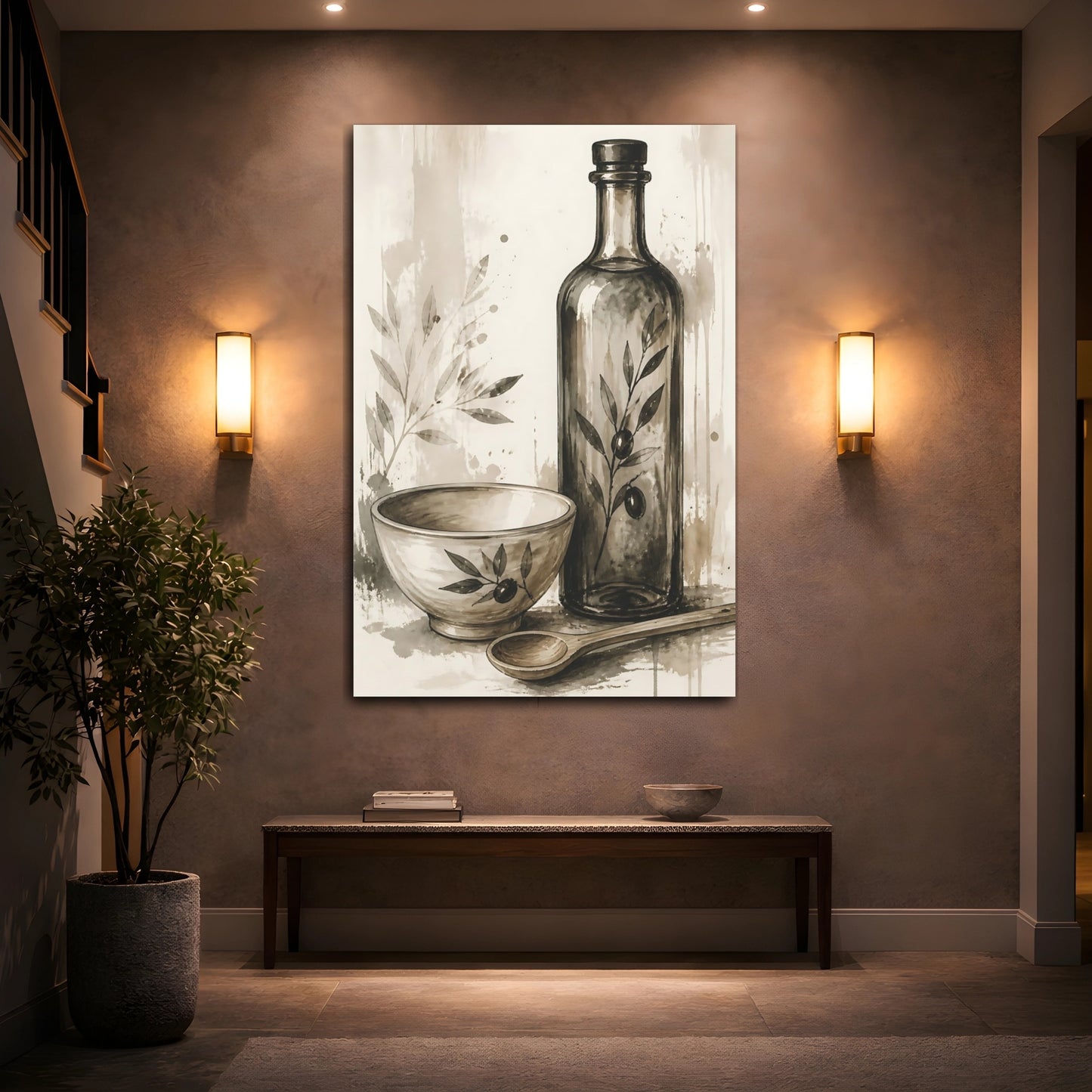 Mockup 2. Nature Olive Still Life Brown And Beige shown as stretched canvas wall art