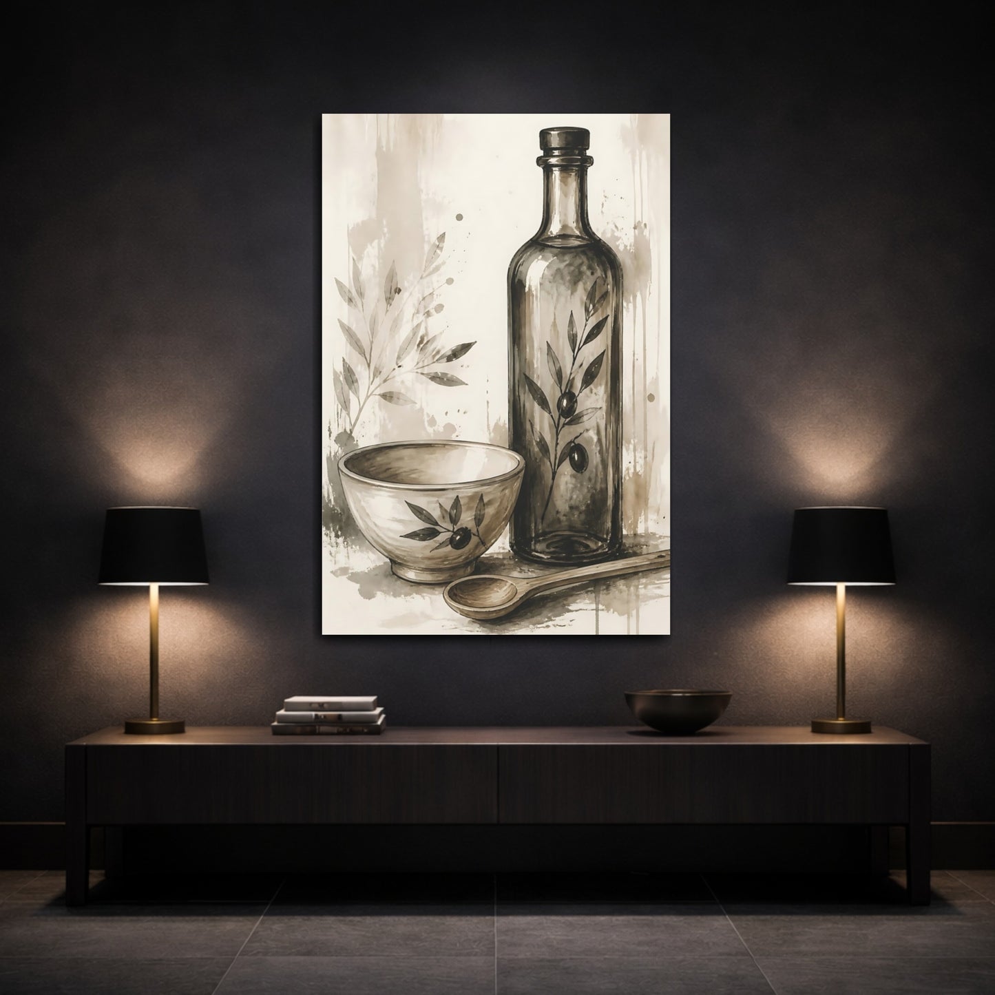 Mockup 3. Nature Olive Still Life Brown And Beige shown as stretched canvas wall art