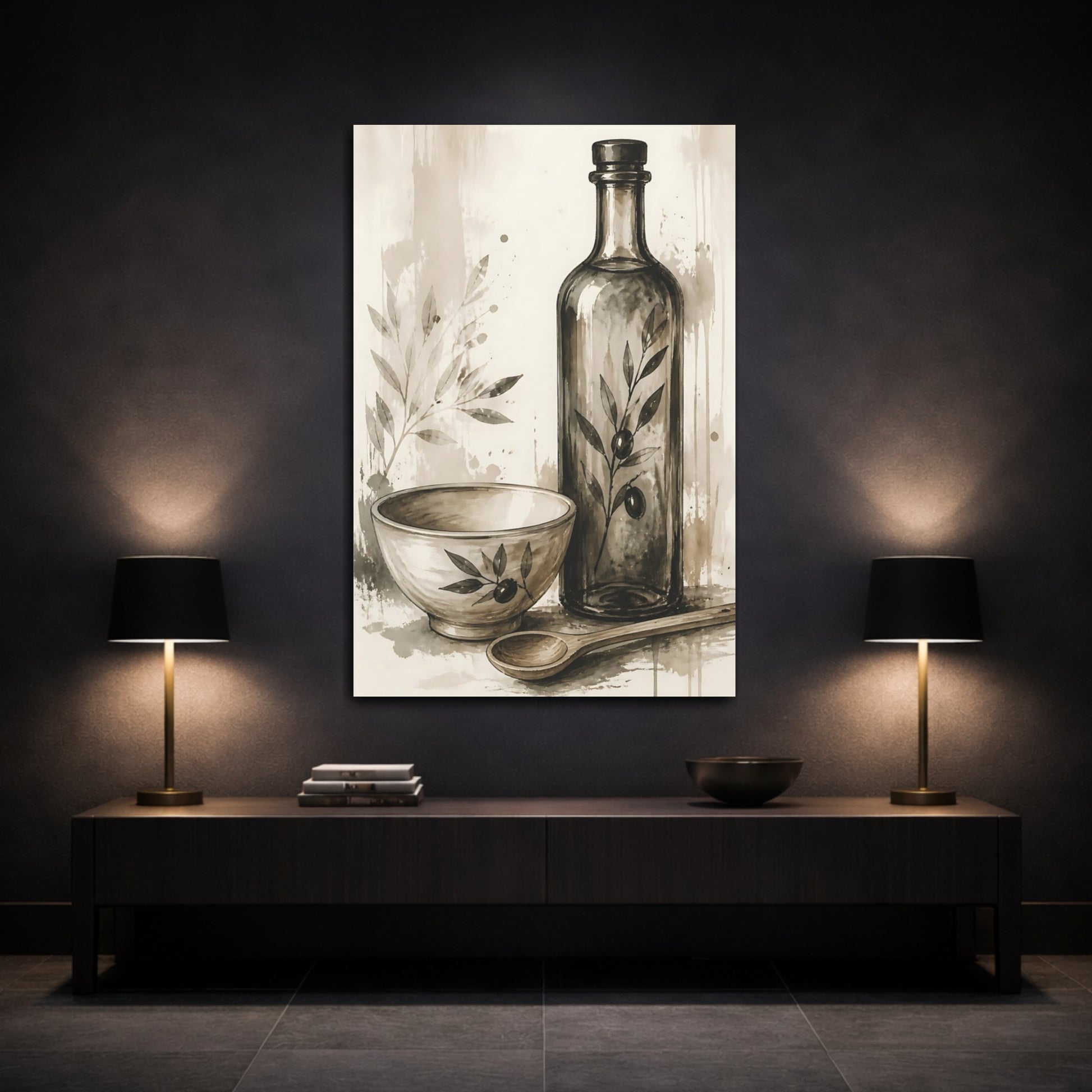 Mockup 3. Nature Olive Still Life Brown And Beige shown as stretched canvas wall art