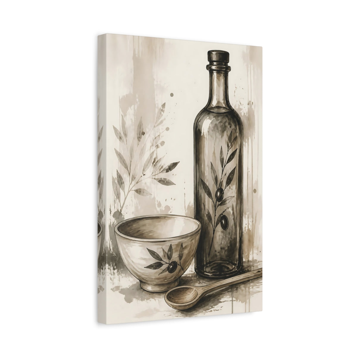 Side Mockup 4. Nature Olive Still Life Brown And Beige shown as stretched canvas wall art