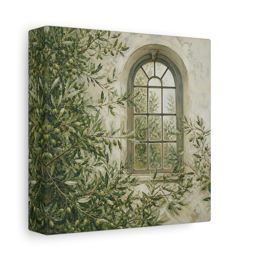 Side Mockup 2. Nature Olive Tree Olive Green Window shown as stretched canvas wall art