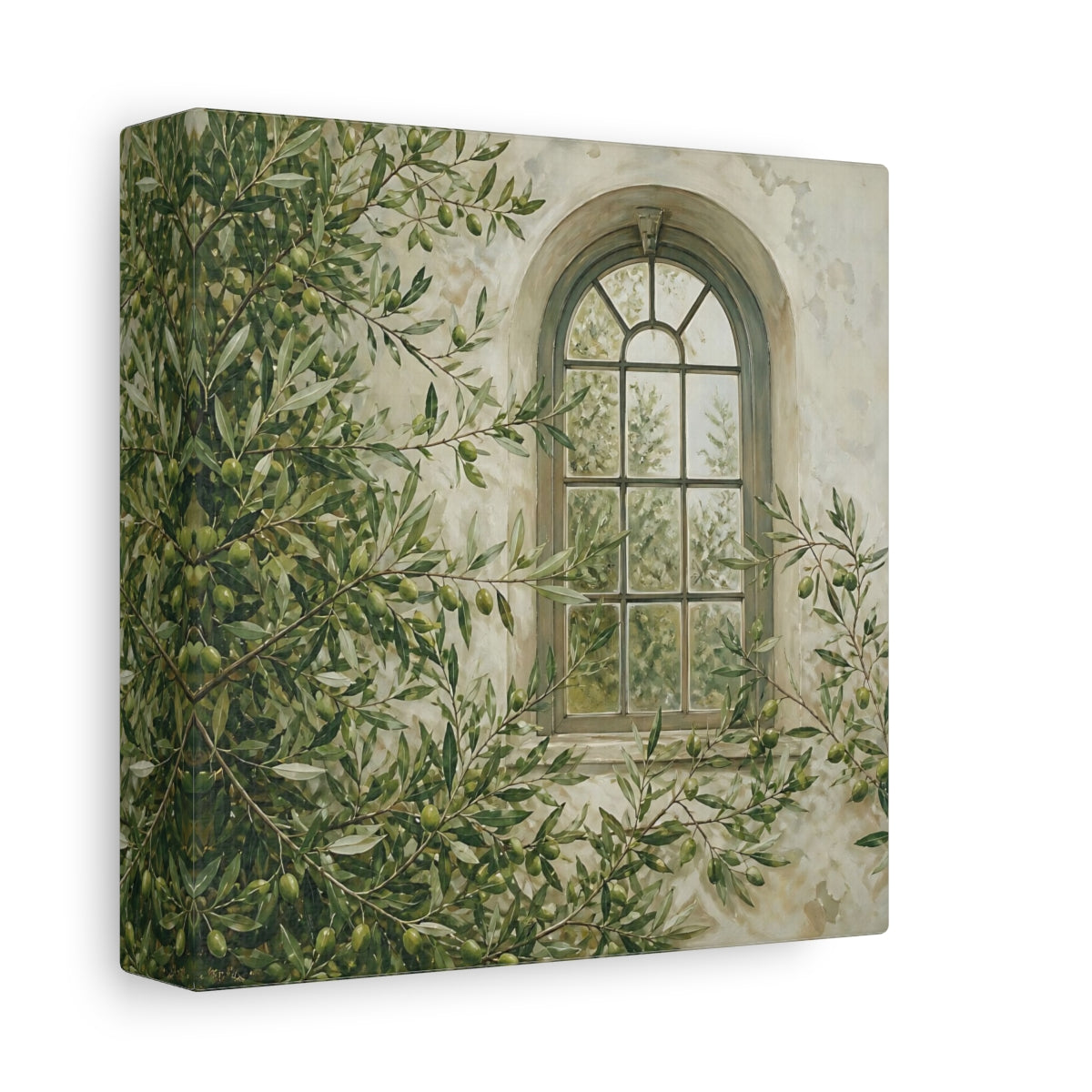Side Mockup 2. Nature Olive Tree Olive Green Window shown as stretched canvas wall art
