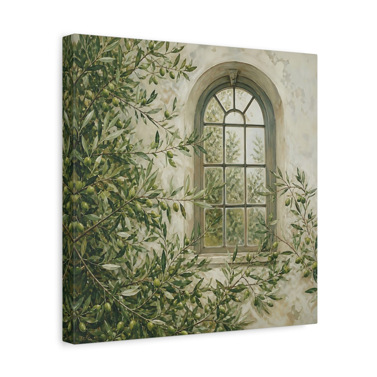 Side Mockup 7. Nature Olive Tree Olive Green Window shown as stretched canvas wall art