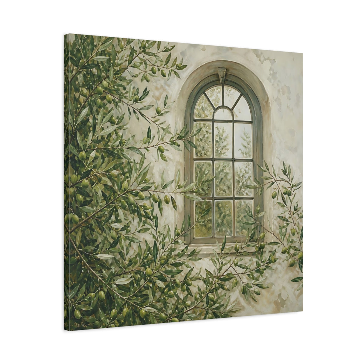 Side Mockup 3. Nature Olive Tree Olive Green Window shown as stretched canvas wall art