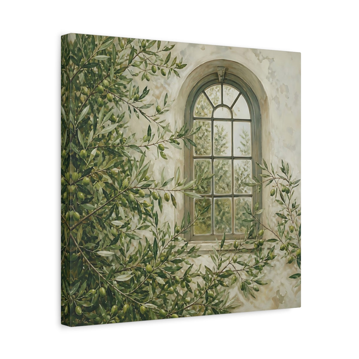 Side Mockup 6. Nature Olive Tree Olive Green Window shown as stretched canvas wall art