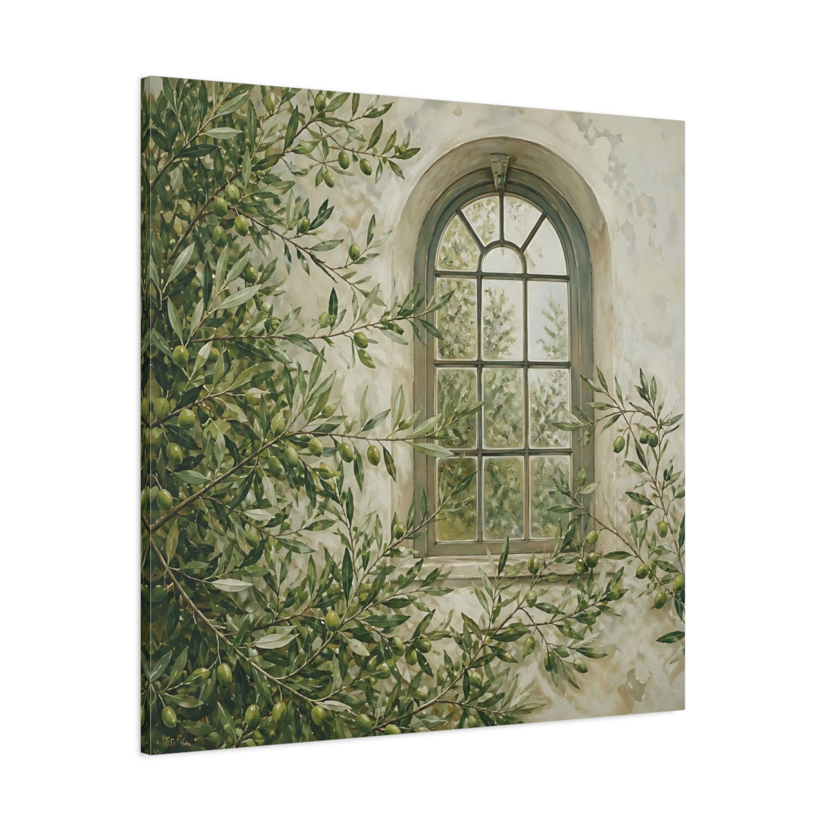 Side Mockup 1. Nature Olive Tree Olive Green Window shown as stretched canvas wall art