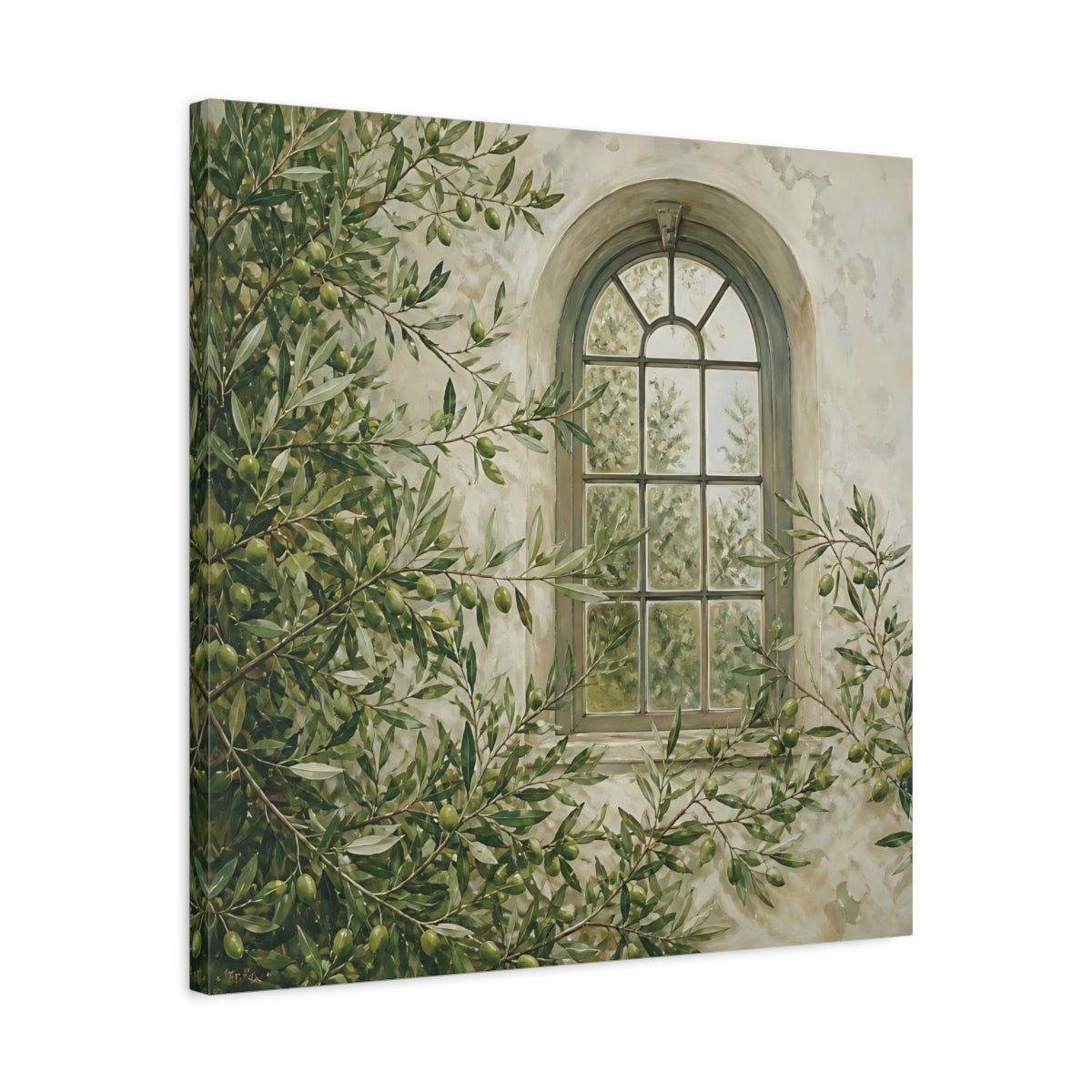 Side Mockup 4. Nature Olive Tree Olive Green Window shown as stretched canvas wall art