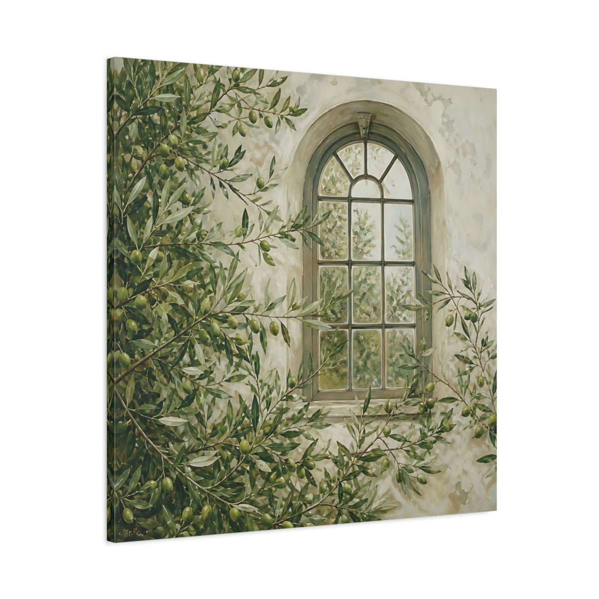 Main Mockup. Nature Olive Tree Olive Green Window shown as stretched canvas wall art