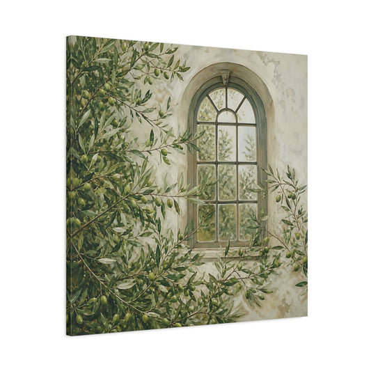 Main Mockup. Nature Olive Tree Olive Green Window shown as stretched canvas wall art
