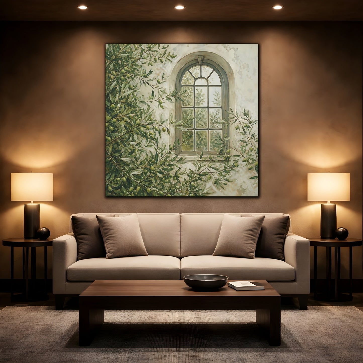 Mockup 2. Nature Olive Tree Olive Green Window shown as stretched canvas wall art