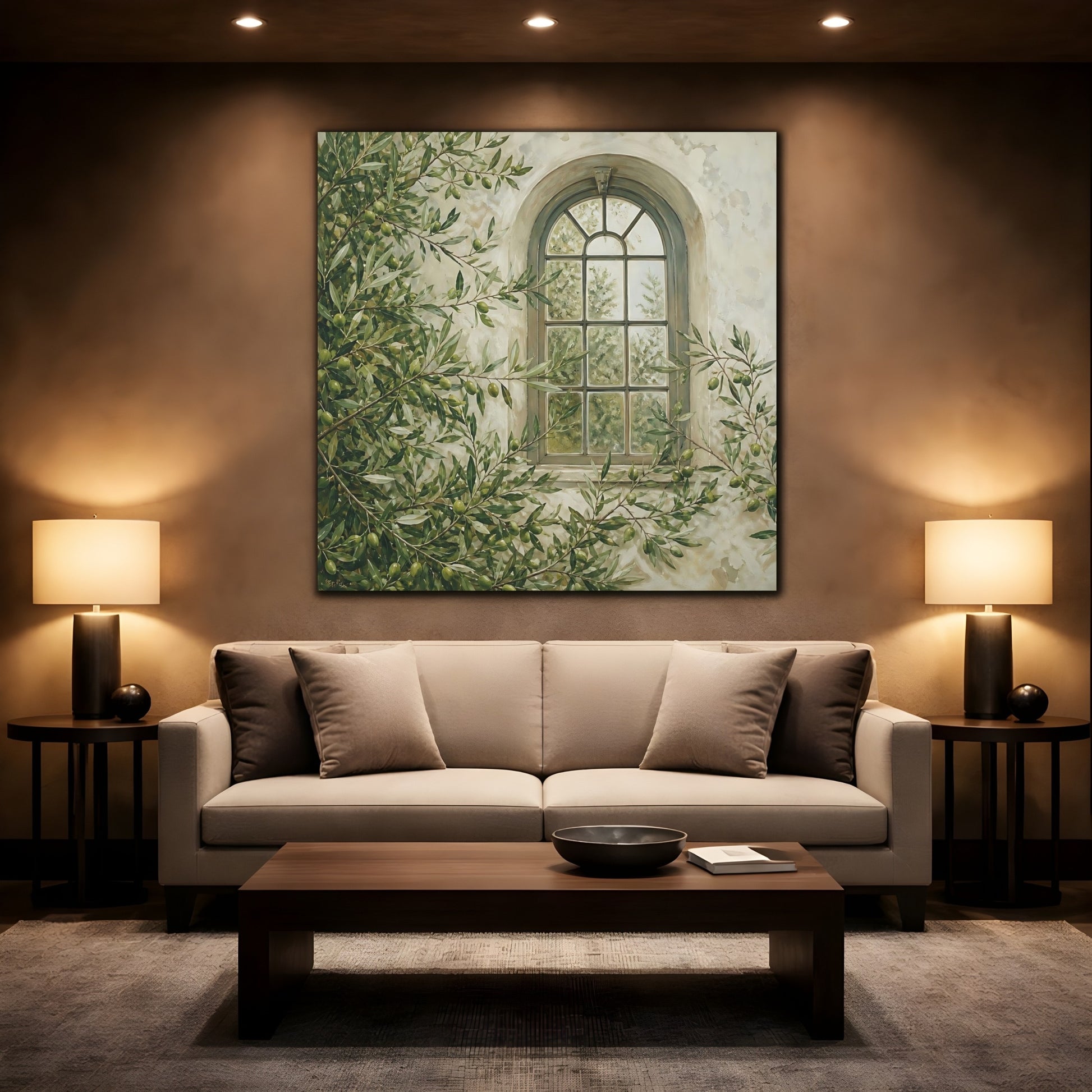 Mockup 2. Nature Olive Tree Olive Green Window shown as stretched canvas wall art