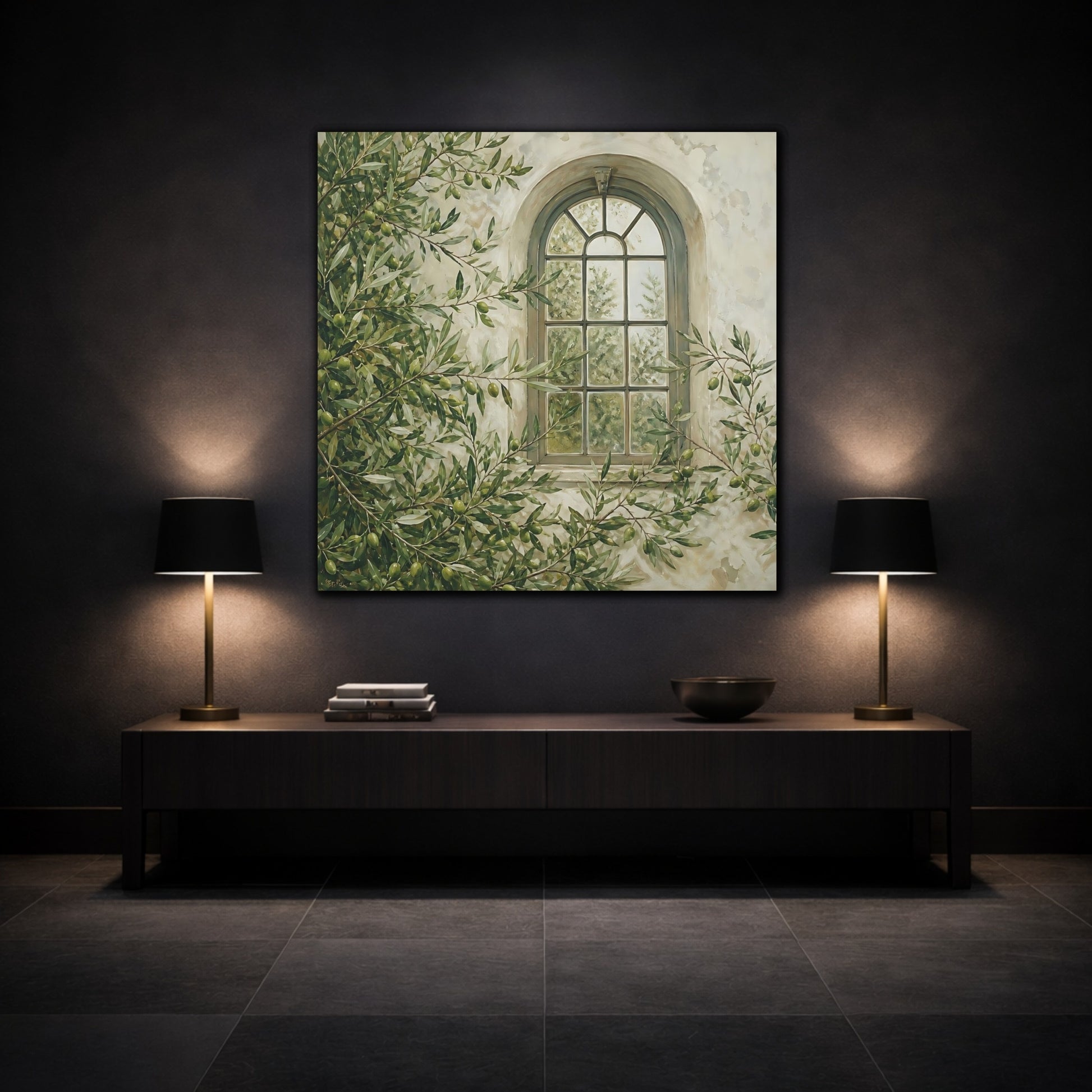 Mockup 3. Nature Olive Tree Olive Green Window shown as stretched canvas wall art
