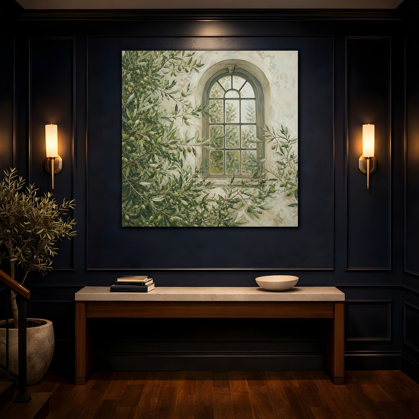 Mockup 4. Nature Olive Tree Olive Green Window shown as stretched canvas wall art