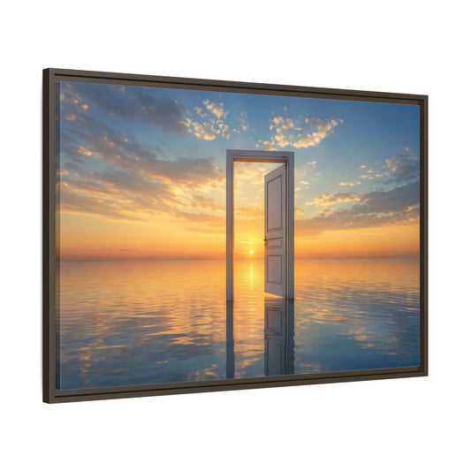 Main Mockup. Nature Open Door Orange Blue Sunset shown as stretched canvas wall art