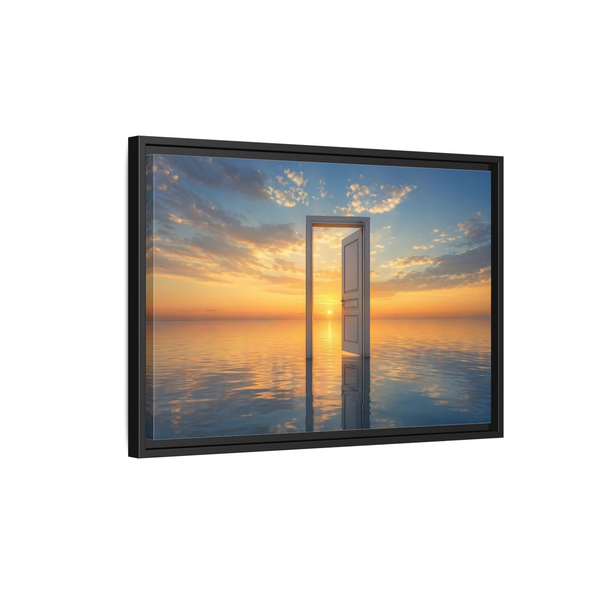 Side Mockup 3. Nature Open Door Orange Blue Sunset shown as stretched canvas wall art