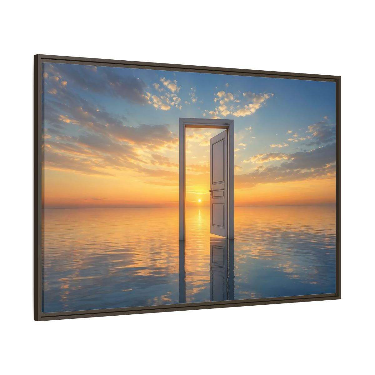 Side Mockup 8. Nature Open Door Orange Blue Sunset shown as stretched canvas wall art