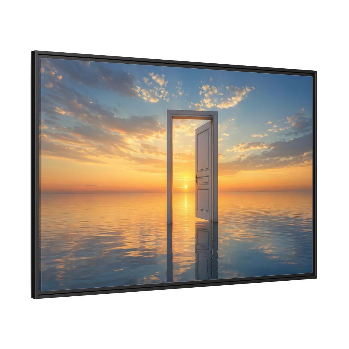 Side Mockup 12. Nature Open Door Orange Blue Sunset shown as stretched canvas wall art