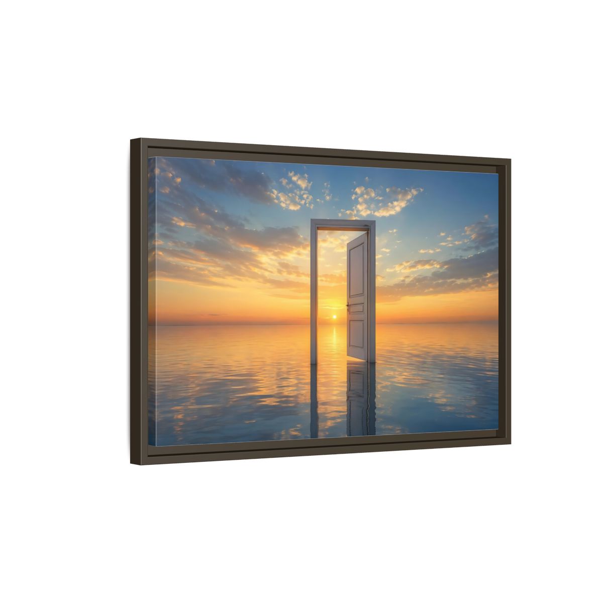 Side Mockup 2. Nature Open Door Orange Blue Sunset shown as stretched canvas wall art