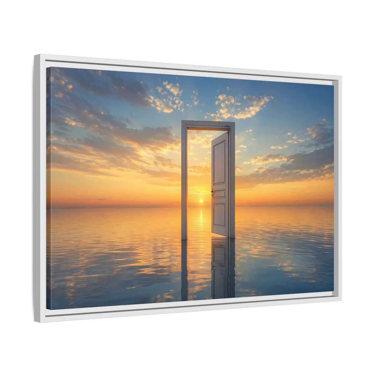 Side Mockup 10. Nature Open Door Orange Blue Sunset shown as stretched canvas wall art