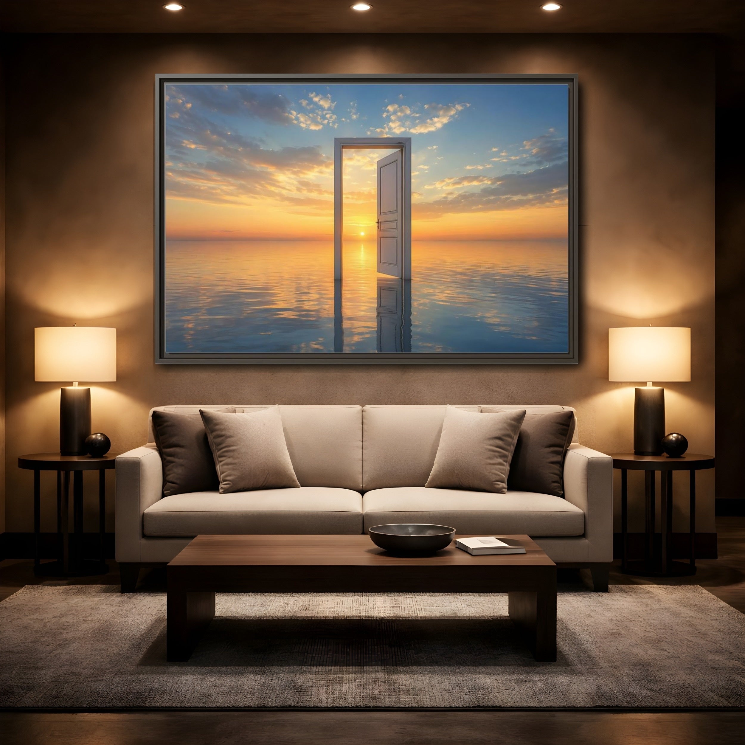 Mockup 2. Nature Open Door Orange Blue Sunset shown as stretched canvas wall art