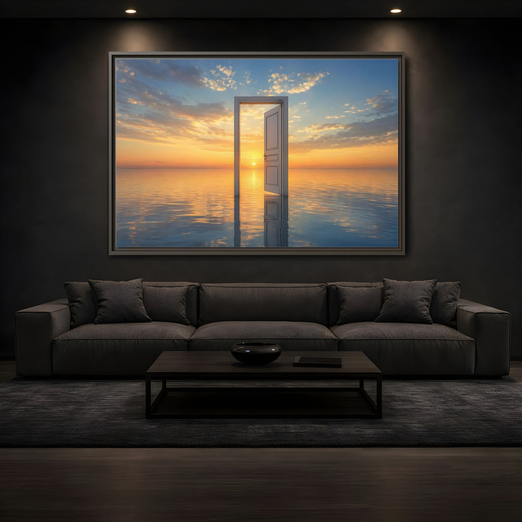 Mockup 3. Nature Open Door Orange Blue Sunset shown as stretched canvas wall art