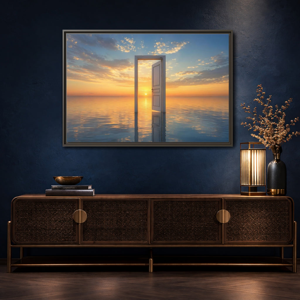Mockup 4. Nature Open Door Orange Blue Sunset shown as stretched canvas wall art