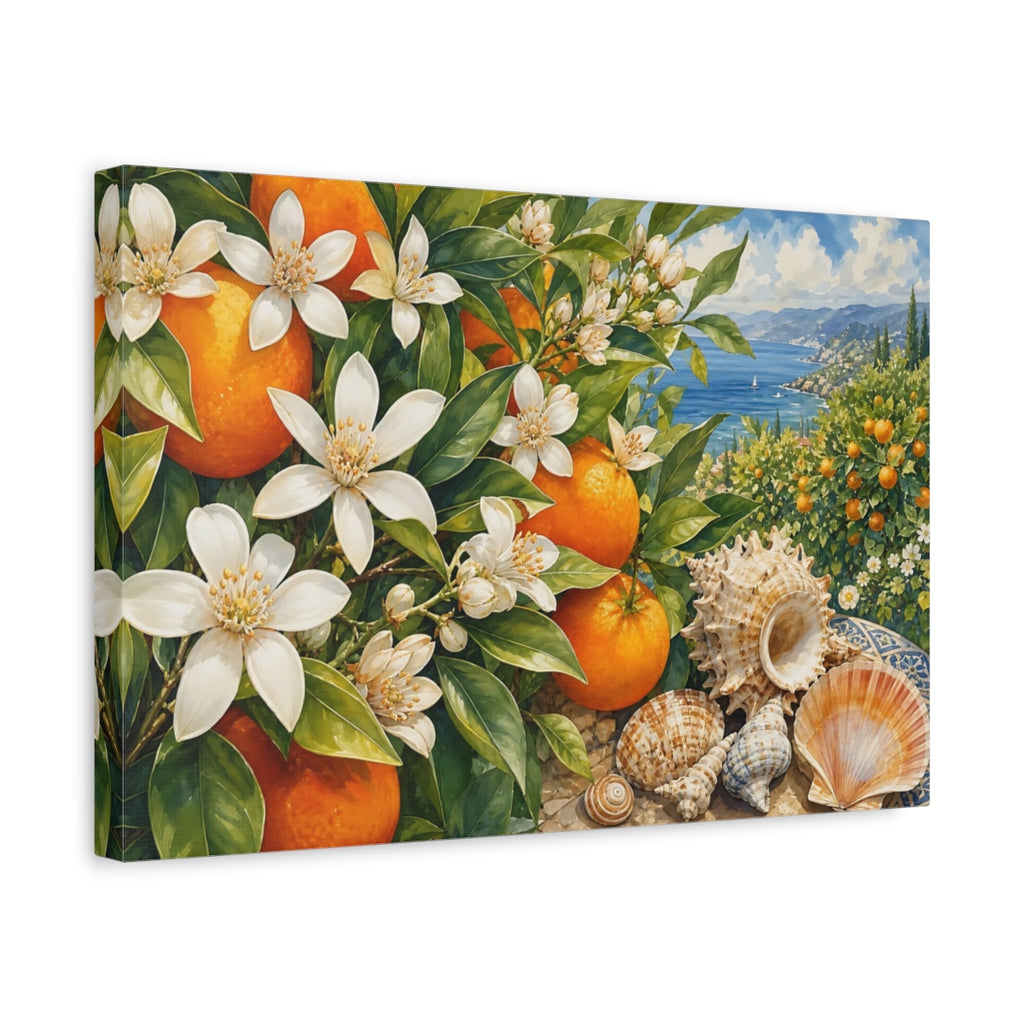 Side Mockup 4. Nature Orange Blossoms Orange Blue Coastal shown as stretched canvas wall art