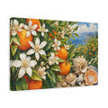 Side Mockup 4. Nature Orange Blossoms Orange Blue Coastal shown as stretched canvas wall art