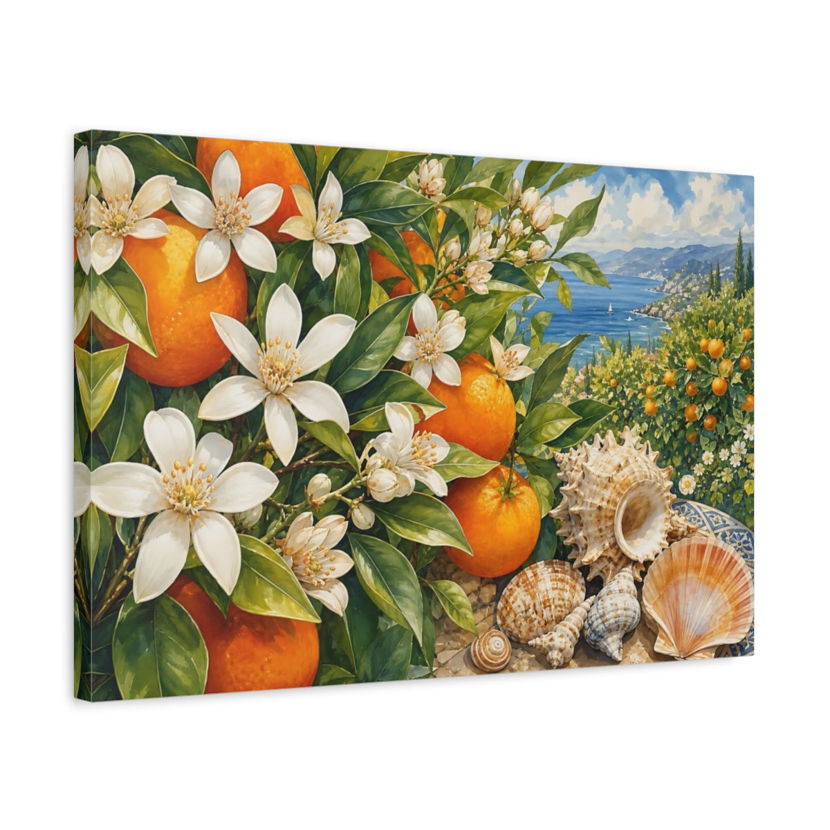 Side Mockup 3. Nature Orange Blossoms Orange Blue Coastal shown as stretched canvas wall art