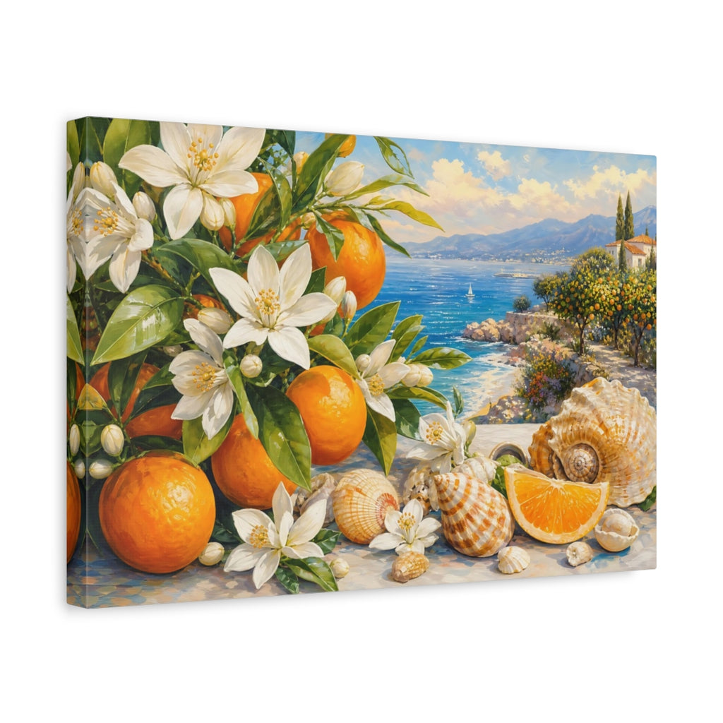 Side Mockup 4. Nature Orange Blossoms Blue Orange Landscape shown as stretched canvas wall art