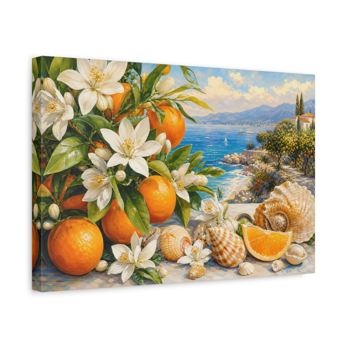 Side Mockup 4. Nature Orange Blossoms Blue Orange Landscape shown as stretched canvas wall art